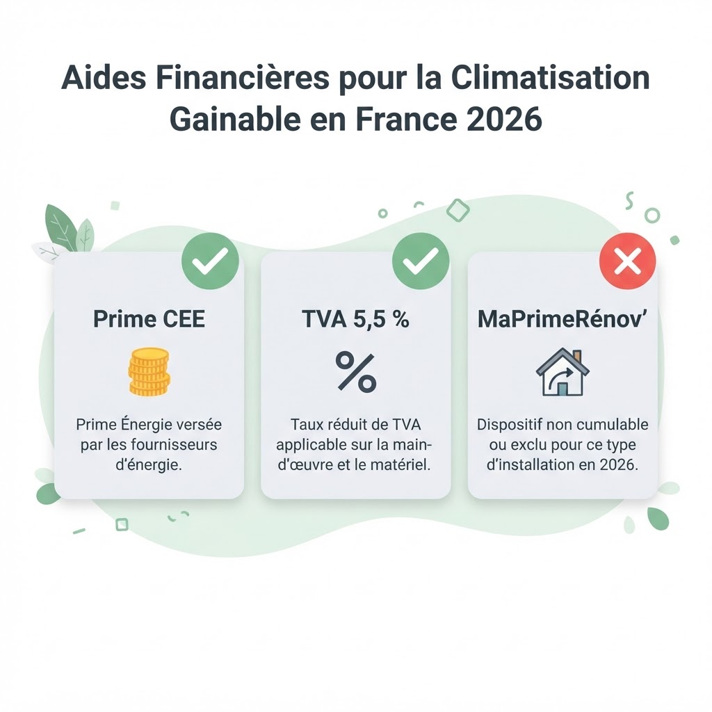Résumé des aides financières pour une climatisation gainable en 2026 : prime CEE, TVA à 5,5 % et exclusion de MaPrimeRénov'