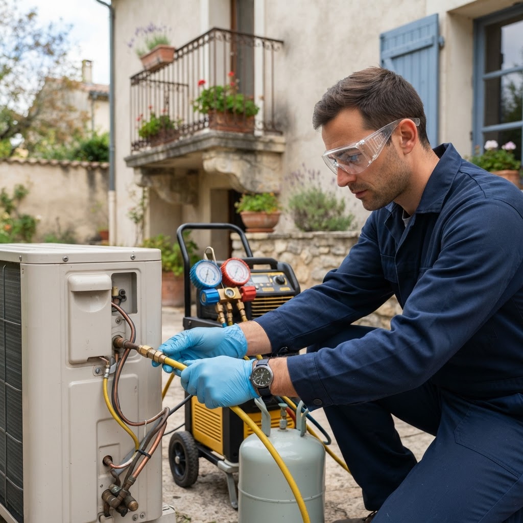Frigoriste certifié effectuant une recharge de fluide frigorigène avec manomètres professionnels