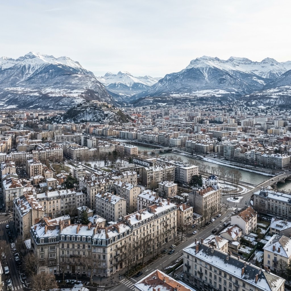 Quartiers résidentiels de Grenoble avec les massifs montagneux enneigés en arrière-plan