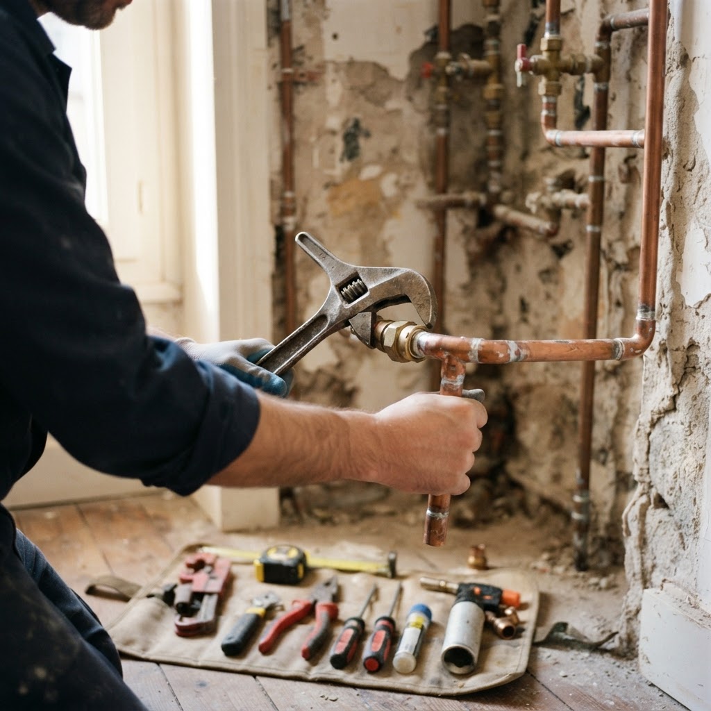 Plombier strasbourgeois travaillant sur une canalisation en cuivre avec outillage professionnel