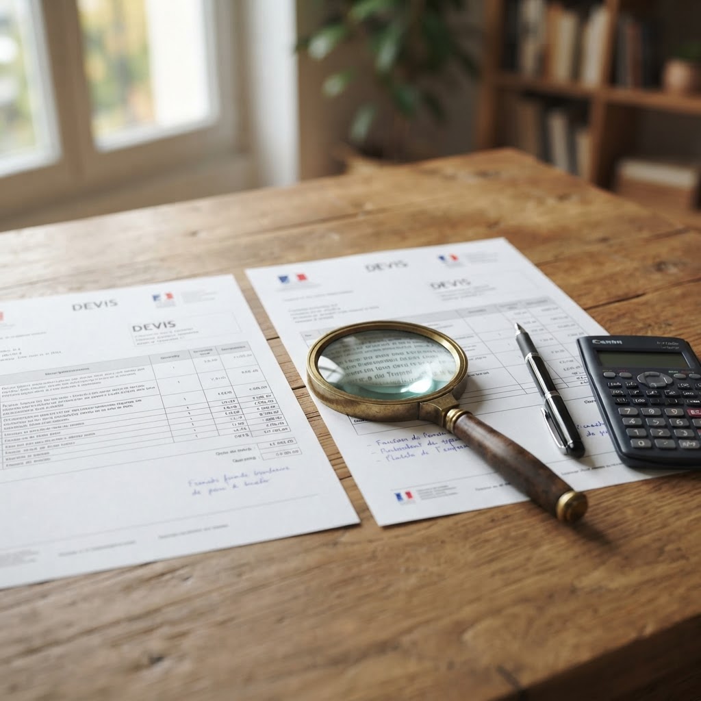Comparaison de devis de plomberie avec loupe et calculatrice