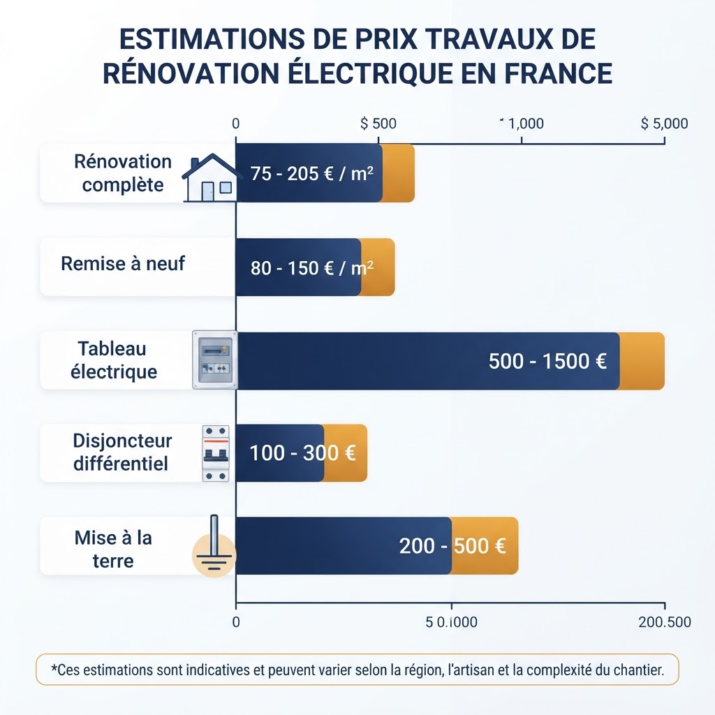 Fourchettes de prix nationales pour une remise aux normes électriques par poste de travaux
