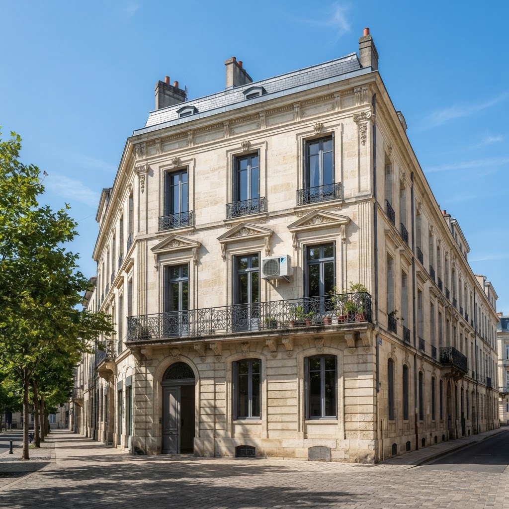 Immeuble bordelais en copropriété avec unité extérieure de climatisation visible en façade