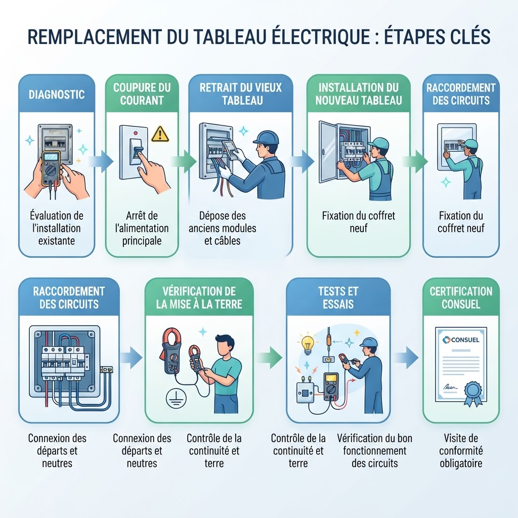 Étapes du remplacement d'un tableau électrique, du diagnostic à la conformité Consuel