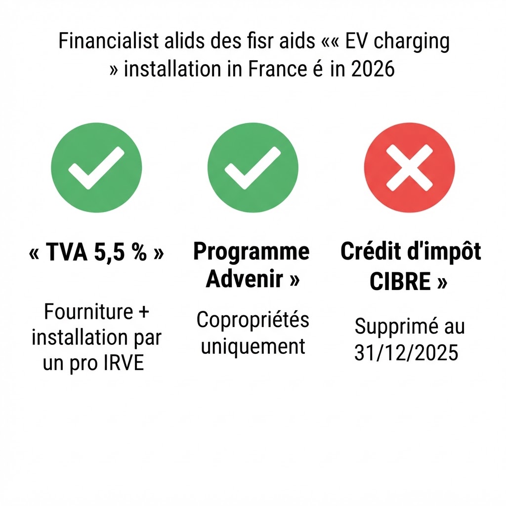 Tableau récapitulatif des aides 2026 pour l'installation d'une borne de recharge : TVA 5,5 % et Advenir actives, crédit d'impôt CIBRE supprimé