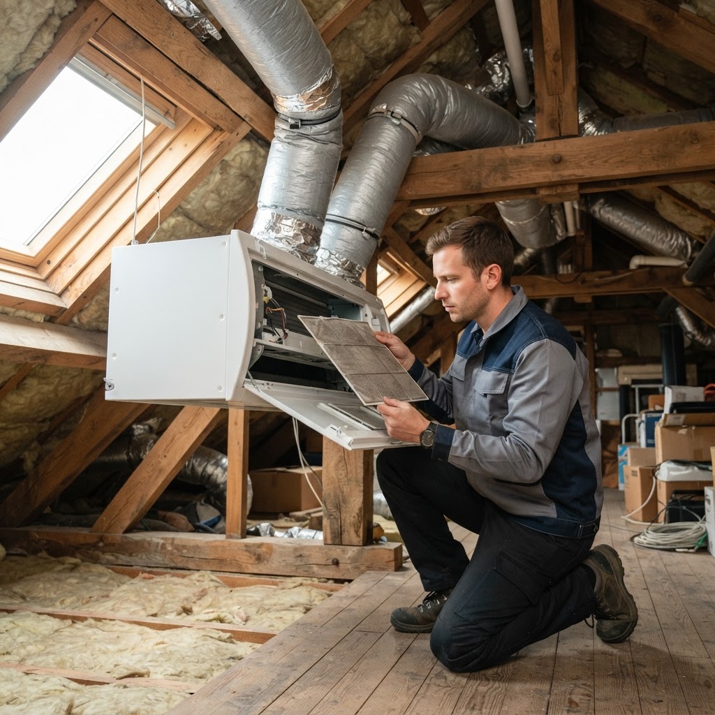 Technicien effectuant l'entretien annuel d'un caisson de climatisation gainable dans des combles