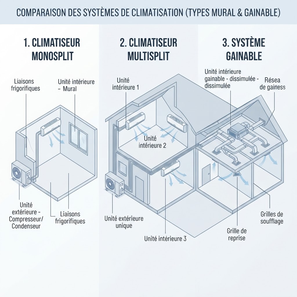 Schéma comparatif des systèmes monosplit, multisplit et gainable