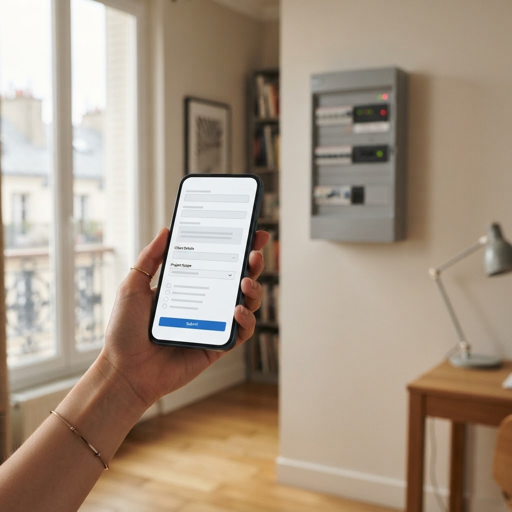 Formulaire de demande de devis électricien sur smartphone dans un appartement parisien