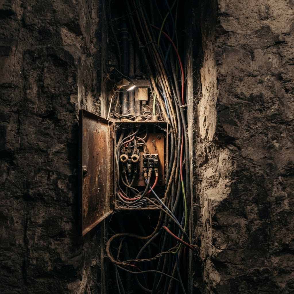 Gaine technique étroite dans un mur en pierre d'un immeuble haussmannien parisien