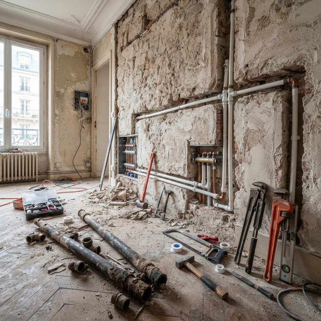 Chantier de remplacement de tuyauterie avec saignées dans les murs et pose de tuyaux PER