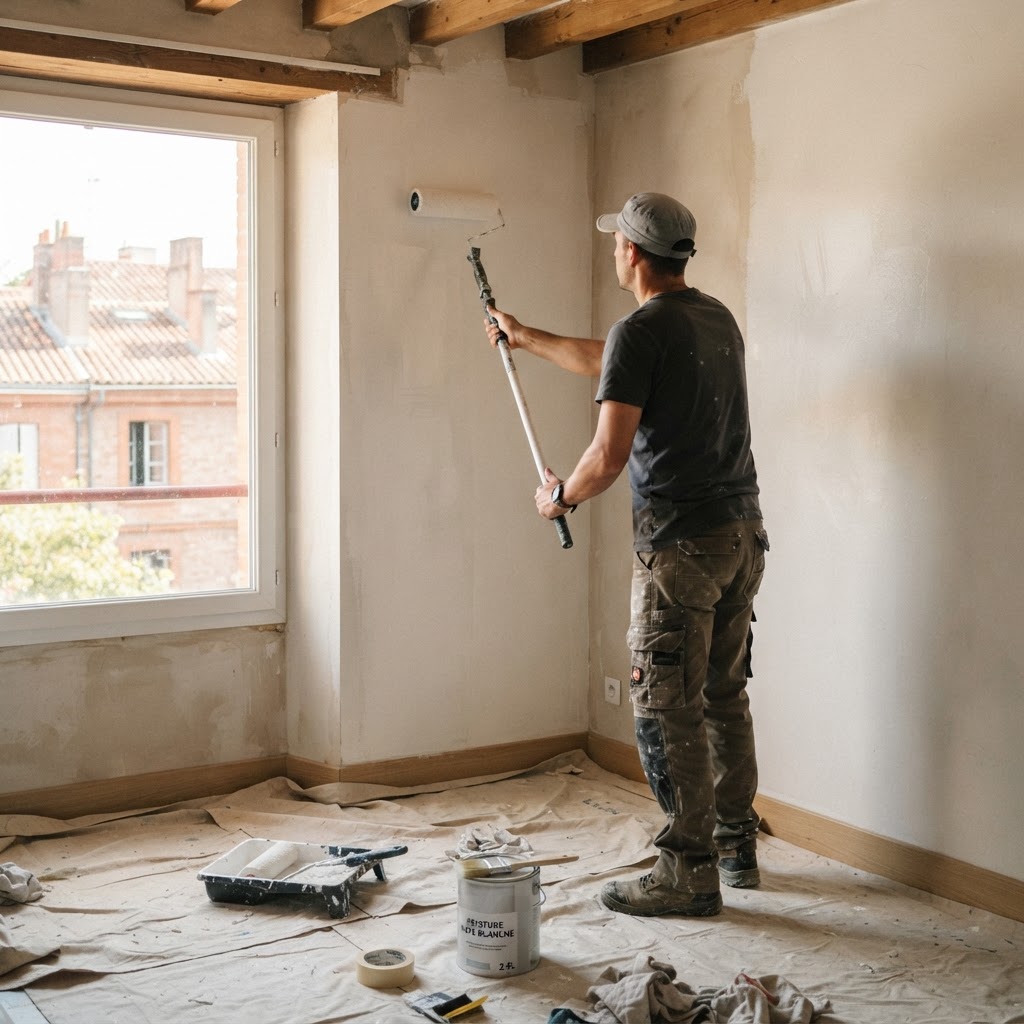 Artisan peintre réalisant des travaux de peinture dans un appartement à Toulouse