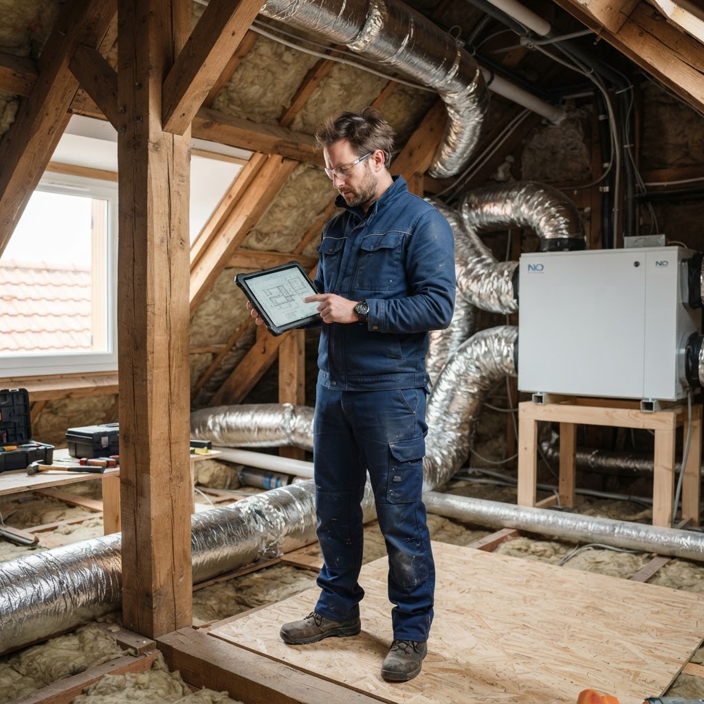 Artisan qualifié consultant des plans techniques lors de l'installation d'une climatisation gainable
