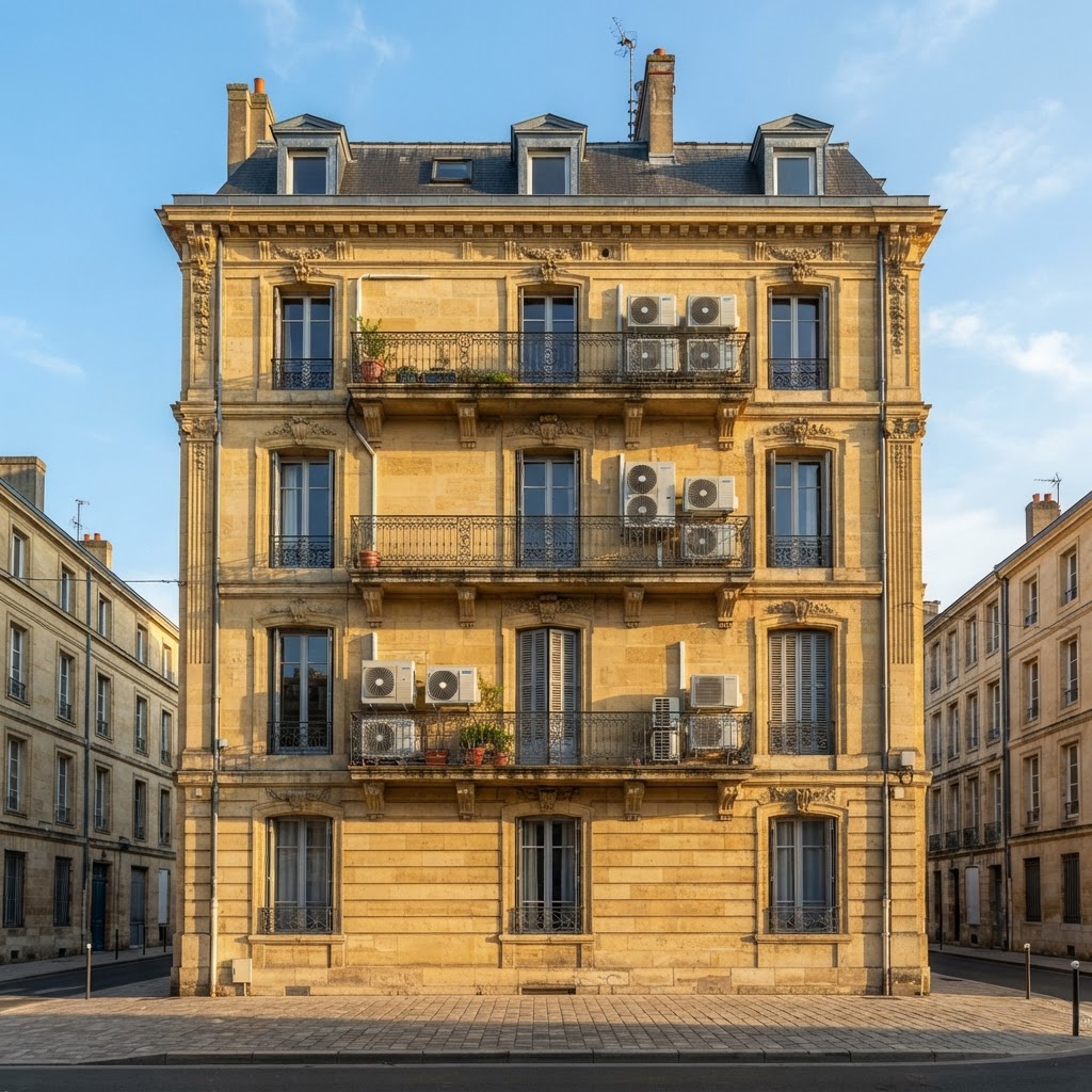 Immeuble bordelais avec unités extérieures de climatisation en façade