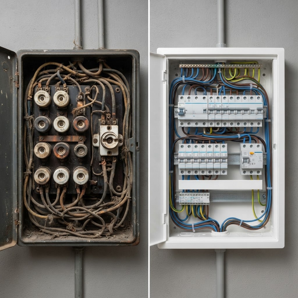 Comparaison entre un ancien tableau à fusibles en céramique et un tableau électrique moderne modulaire