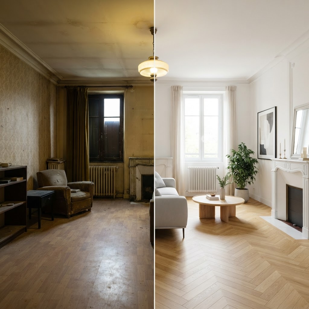 Comparaison visuelle d'une pièce d'appartement avant et après rénovation