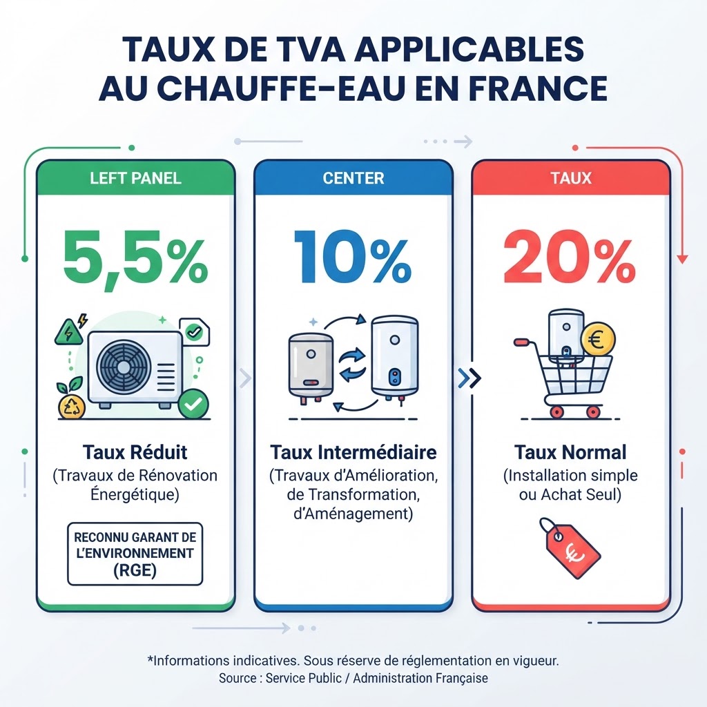 Tableau des trois taux de TVA applicables à un chauffe-eau électrique en 2026