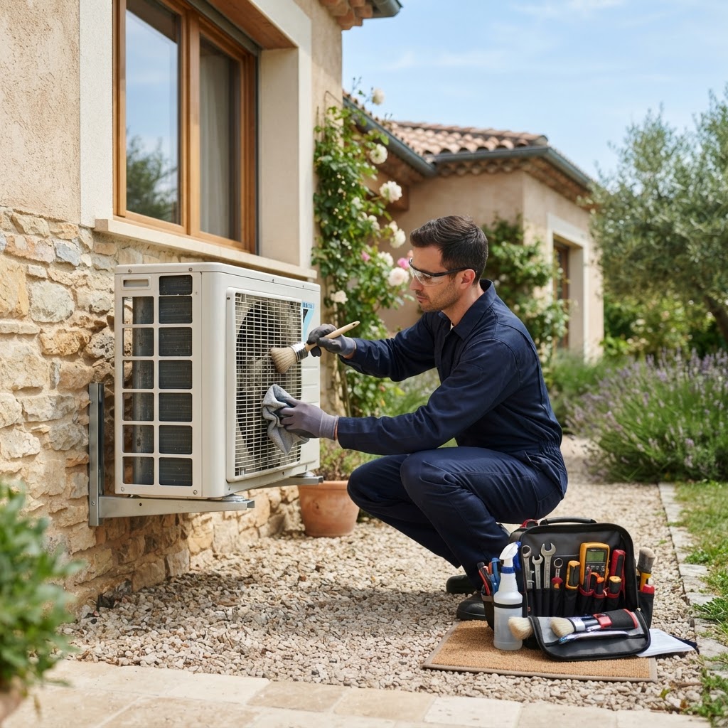 Technicien effectuant l'entretien d'une unité extérieure de climatisation réversible