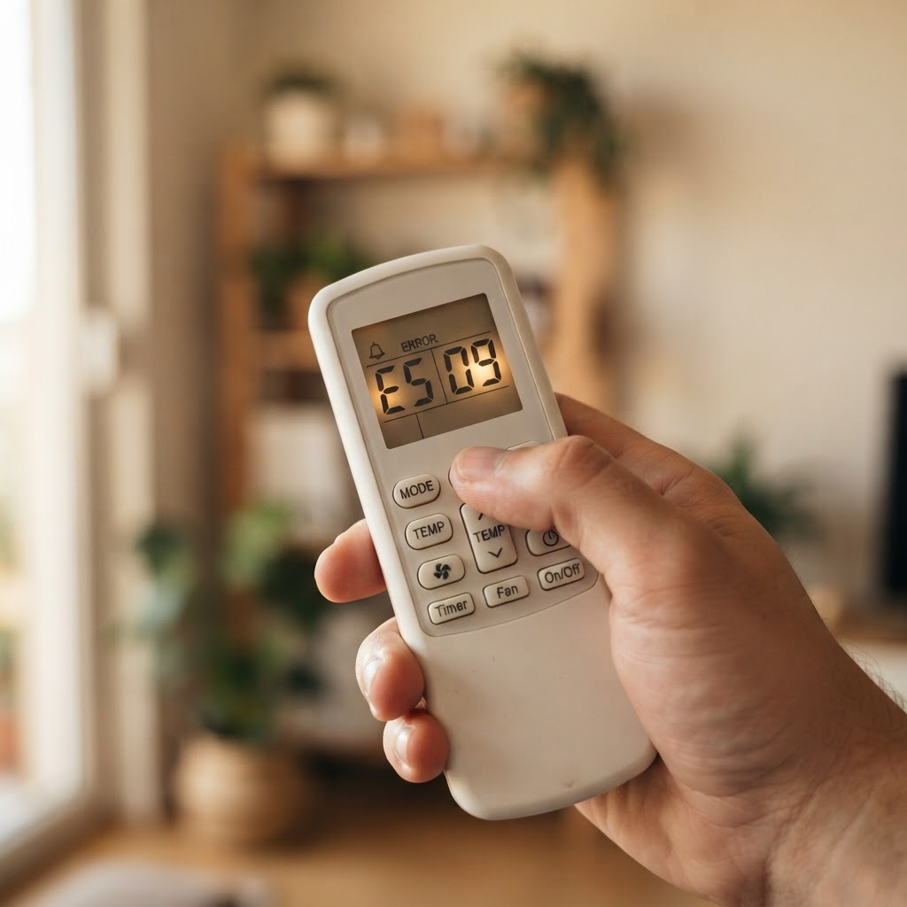 Télécommande de climatiseur affichant un code d'erreur à transmettre au frigoriste
