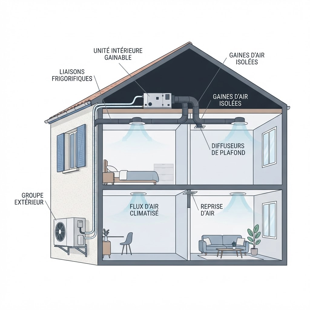 Schéma de fonctionnement d'une climatisation gainable : groupe extérieur, caisson en combles, gaines et bouches de soufflage
