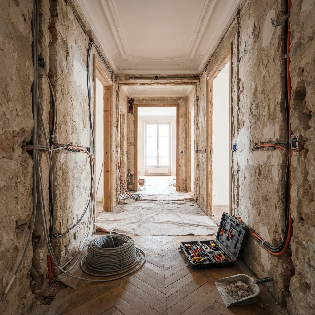 Saignées pour le passage de câbles électriques dans les murs épais d'un appartement haussmannien parisien