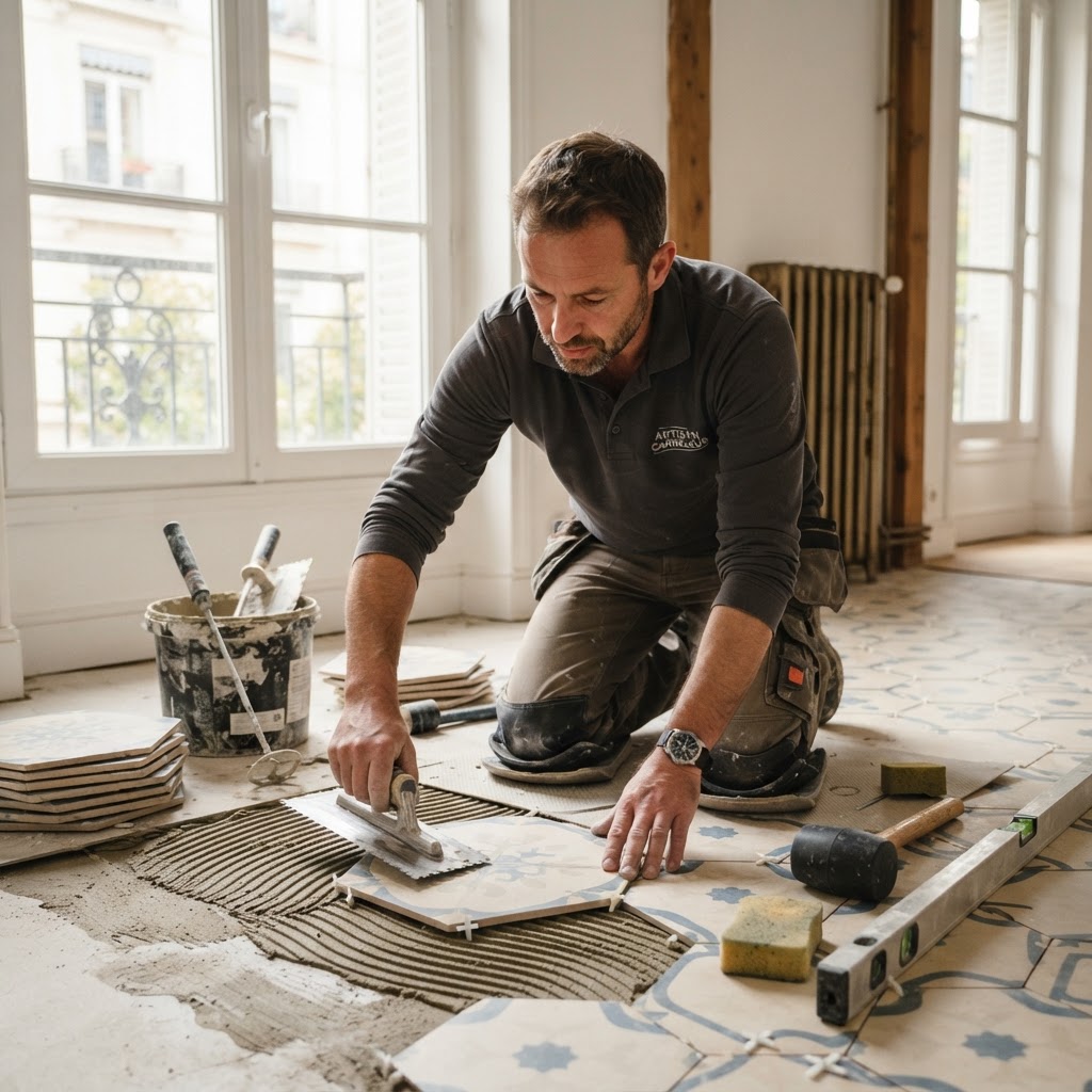 Artisan posant du carrelage dans un appartement en rénovation