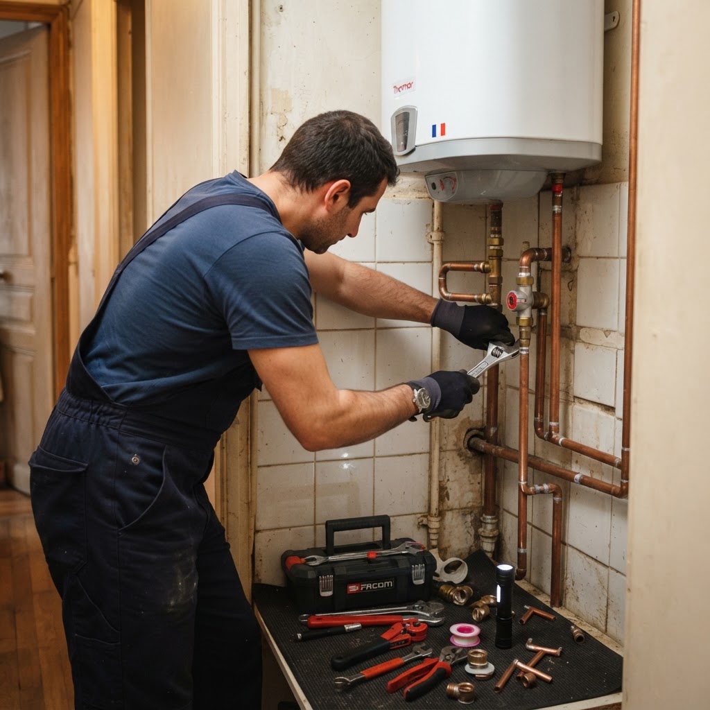 Plombier installant un chauffe-eau électrique mural dans un appartement parisien