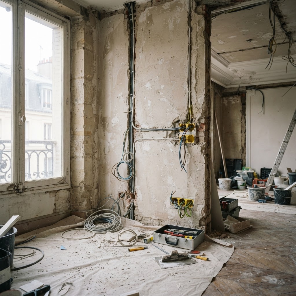 Câblage électrique et prises murales en cours de pose lors d'une rénovation
