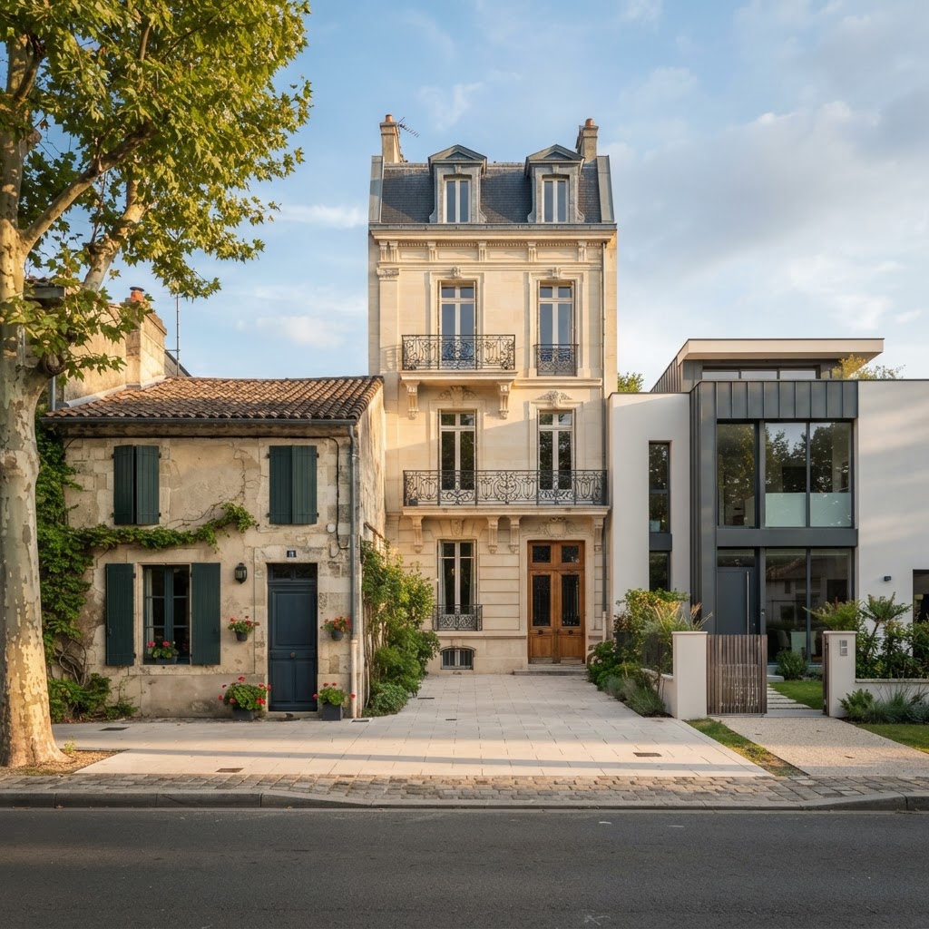 Trois types de logements bordelais : échoppe en pierre, immeuble haussmannien et pavillon récent