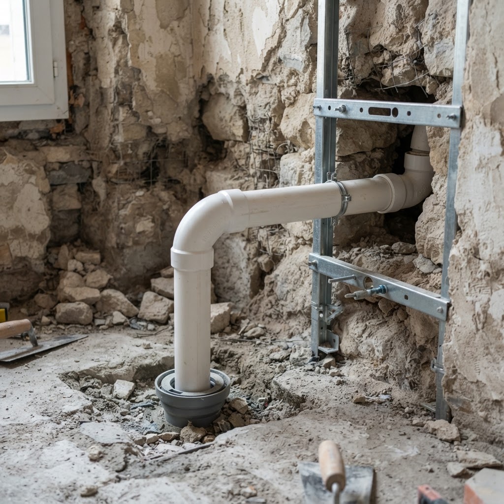 Adaptation d'une évacuation verticale vers horizontale avec un coude pour WC suspendu dans un logement ancien