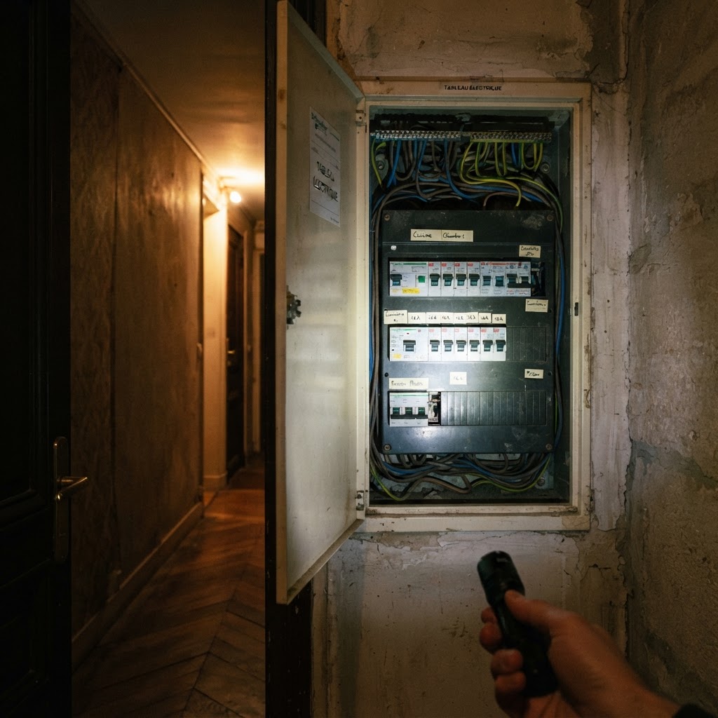Tableau électrique disjoncté dans un couloir d'appartement parisien