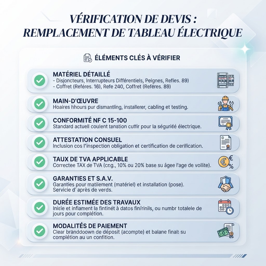 Checklist des éléments à vérifier sur un devis de remplacement de tableau électrique