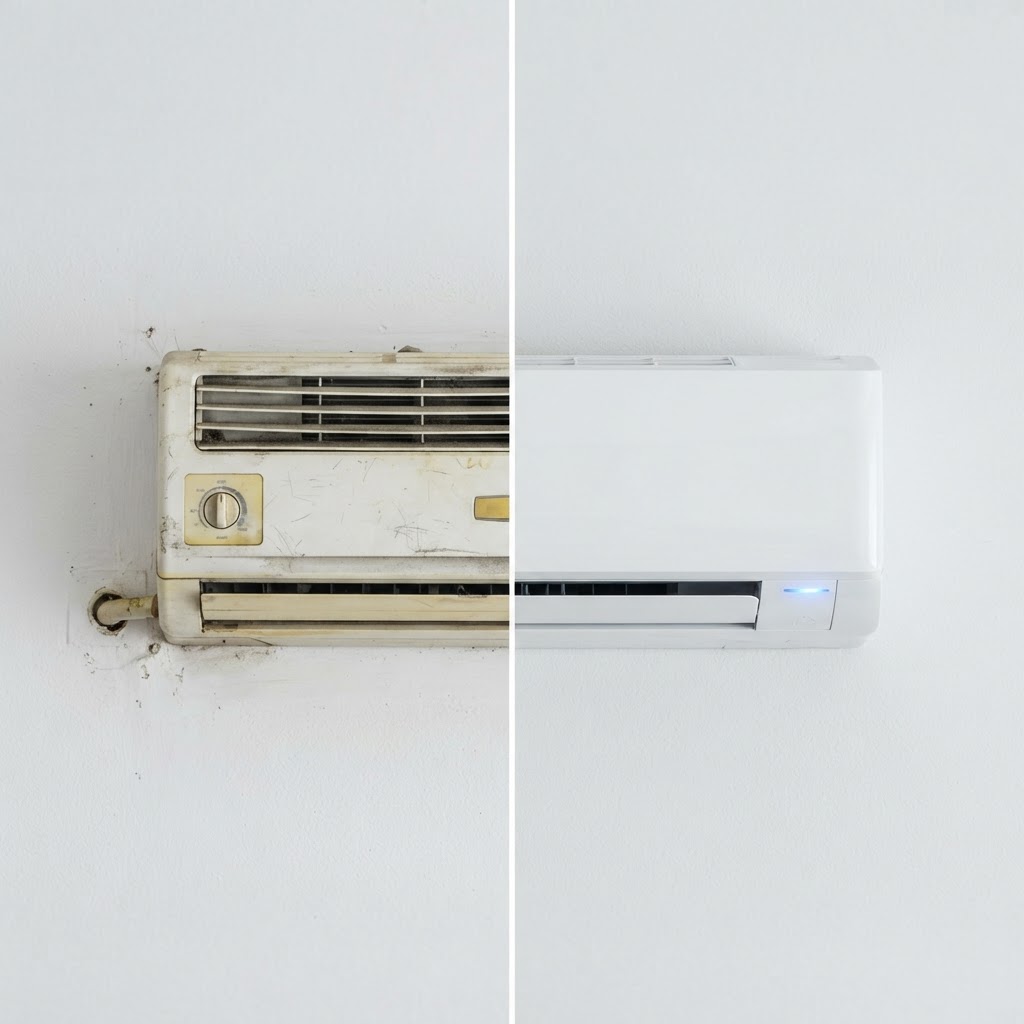 Comparaison entre un ancien climatiseur usagé et un modèle récent plus performant