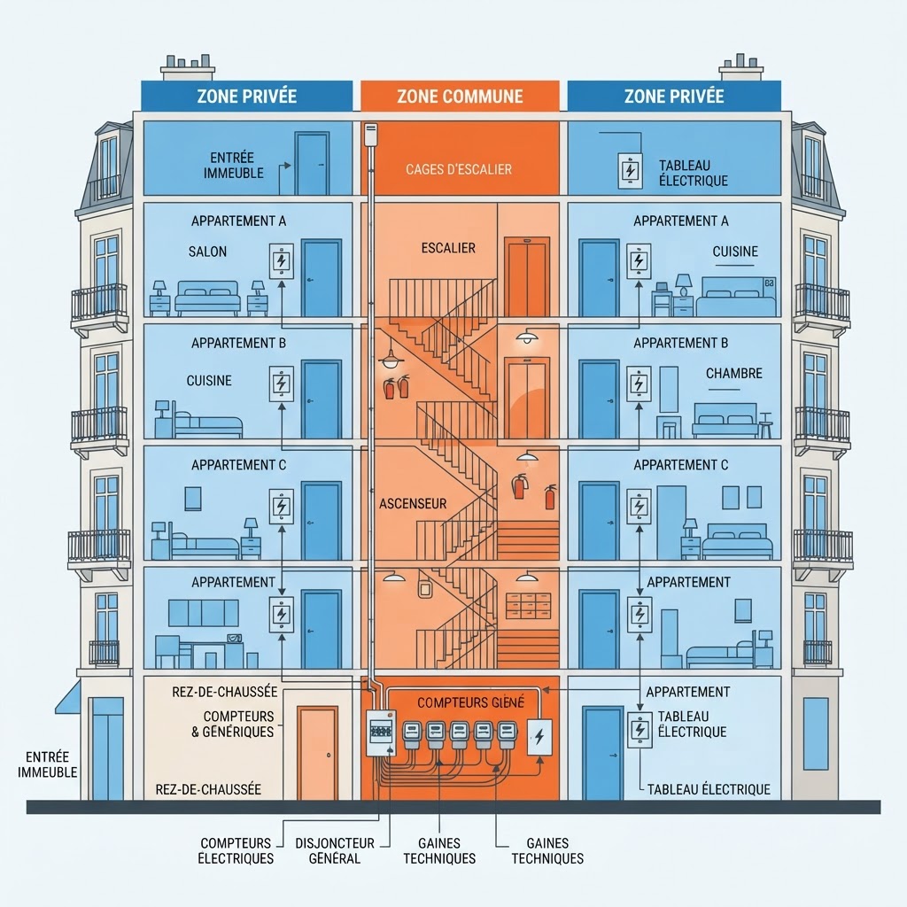 Schéma de répartition entre parties privatives et parties communes pour un remplacement de tableau électrique en copropriété