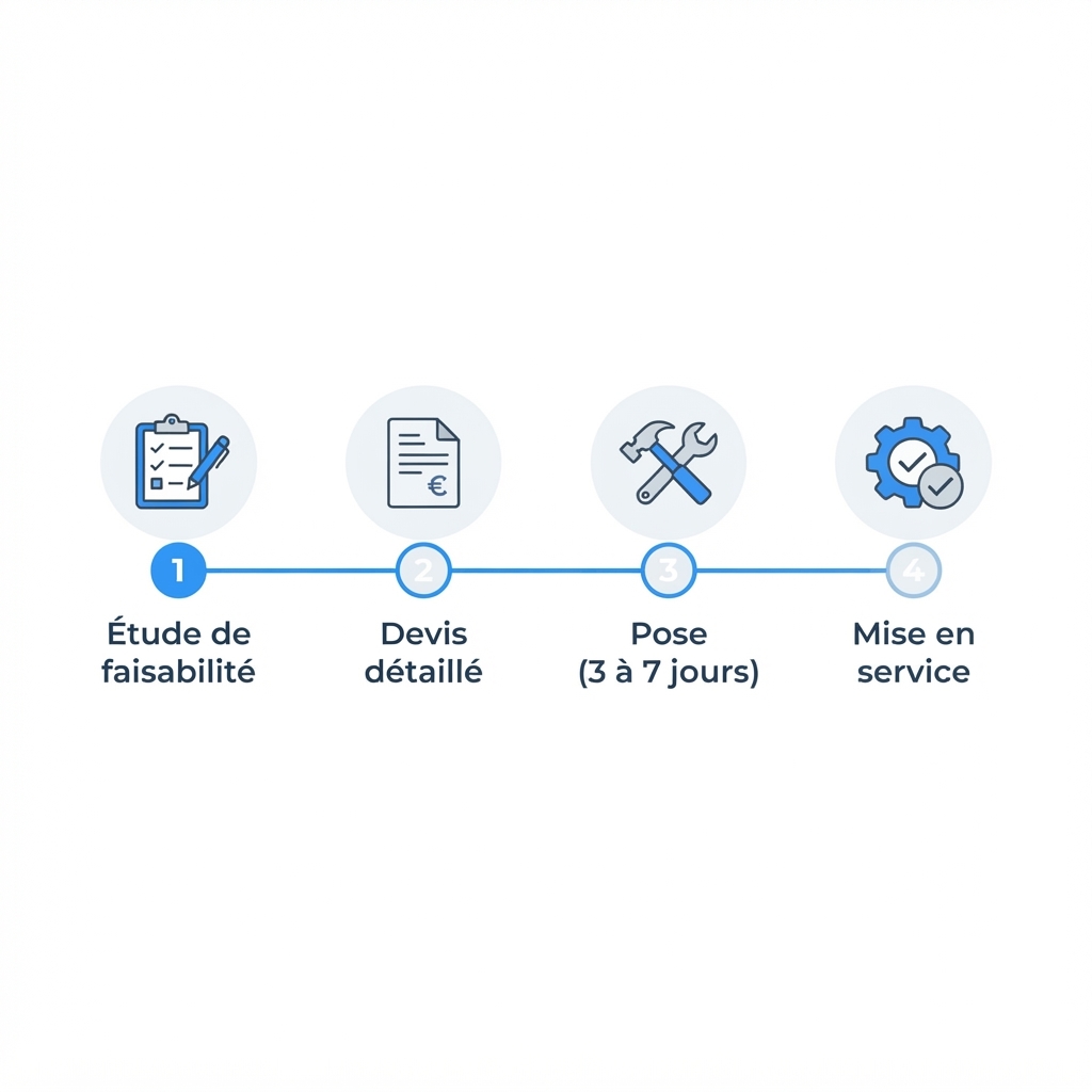 Timeline des quatre étapes d'installation d'une climatisation gainable : étude, devis, pose et mise en service