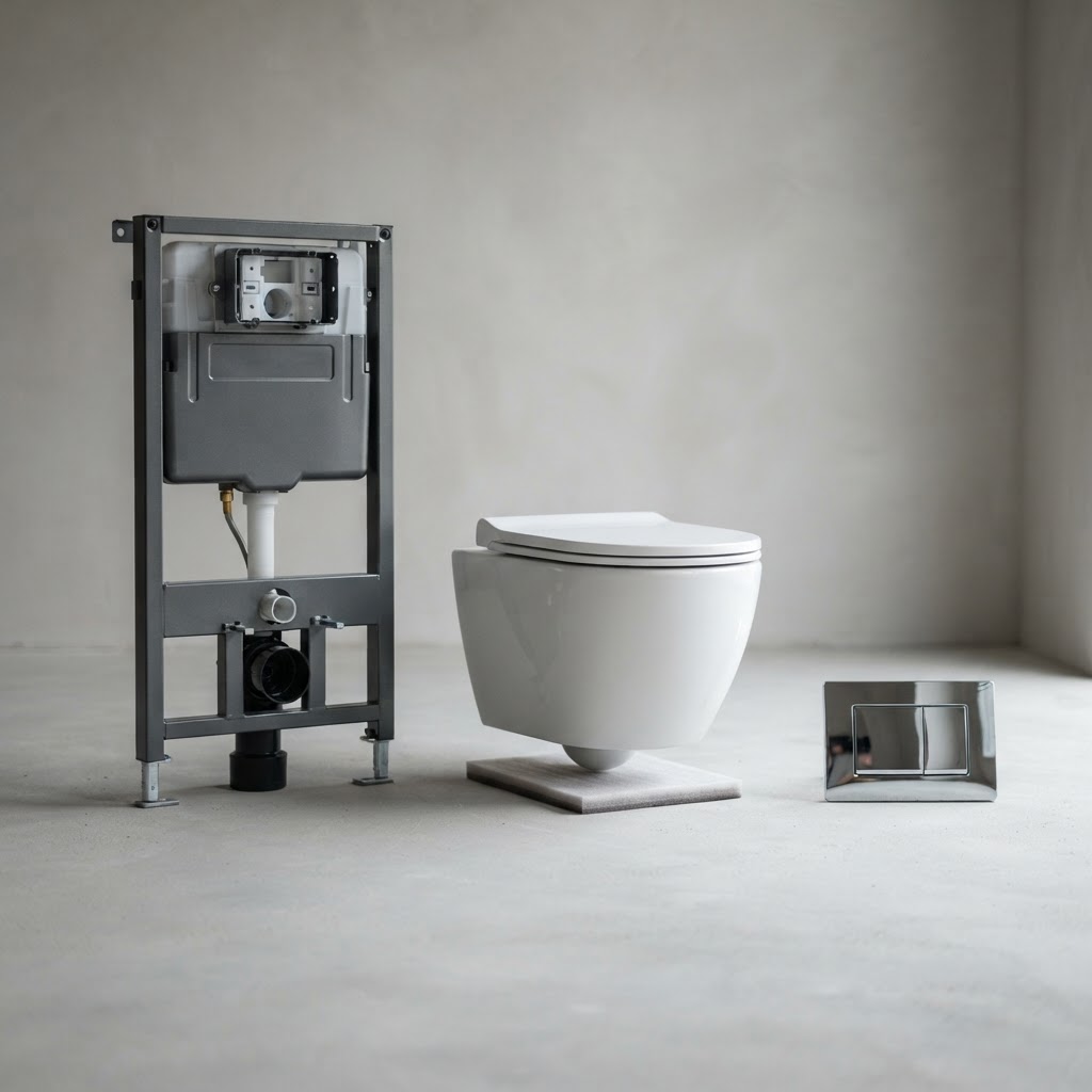 Composants d'un WC suspendu : bâti-support, cuvette et plaque de déclenchement