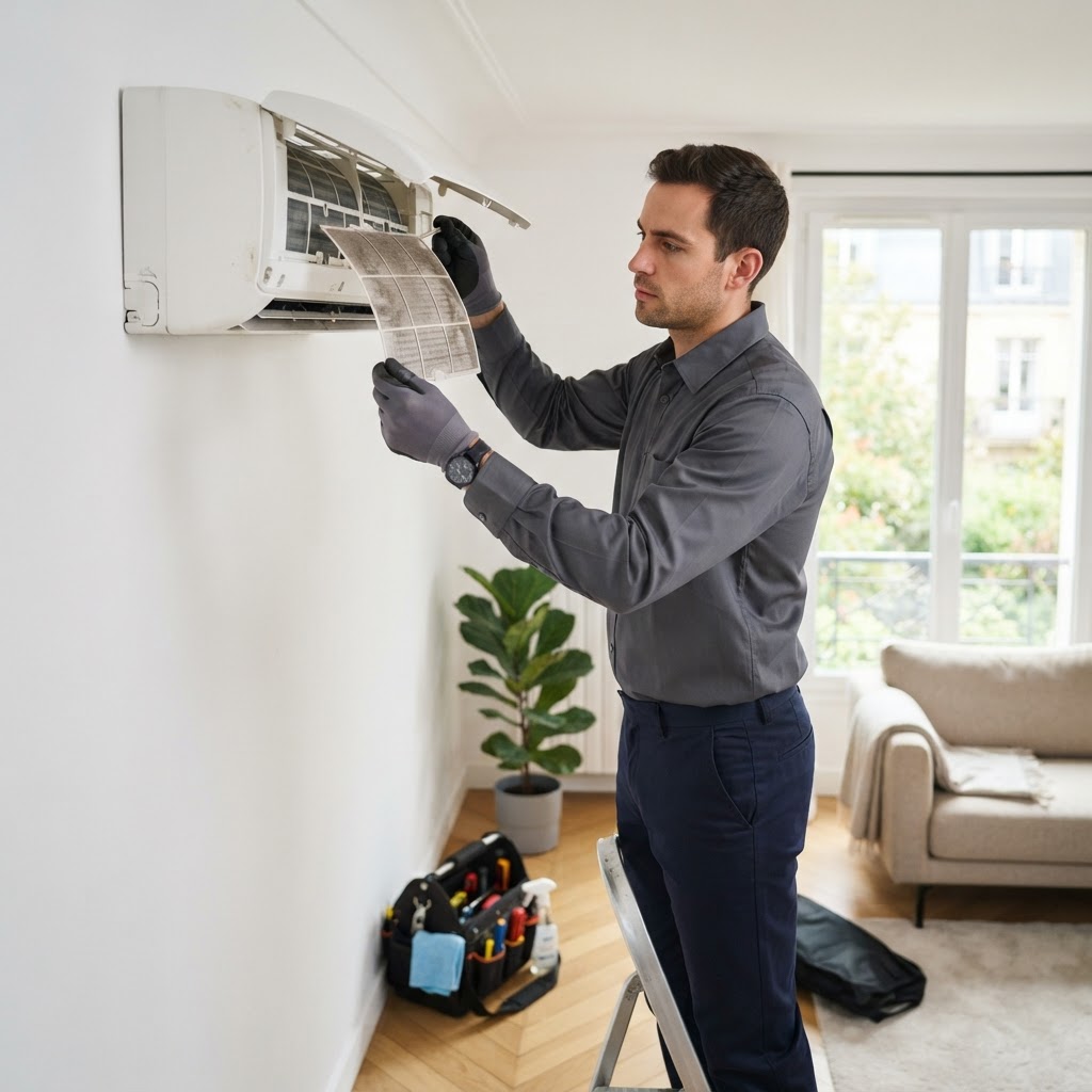 Technicien effectuant le nettoyage des filtres lors d'un entretien de climatisation