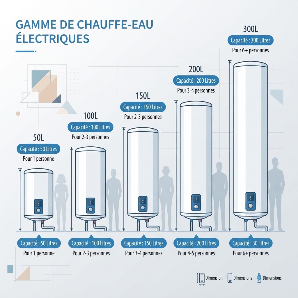 Tailles comparées des chauffe-eau électriques de 50 à 300 litres