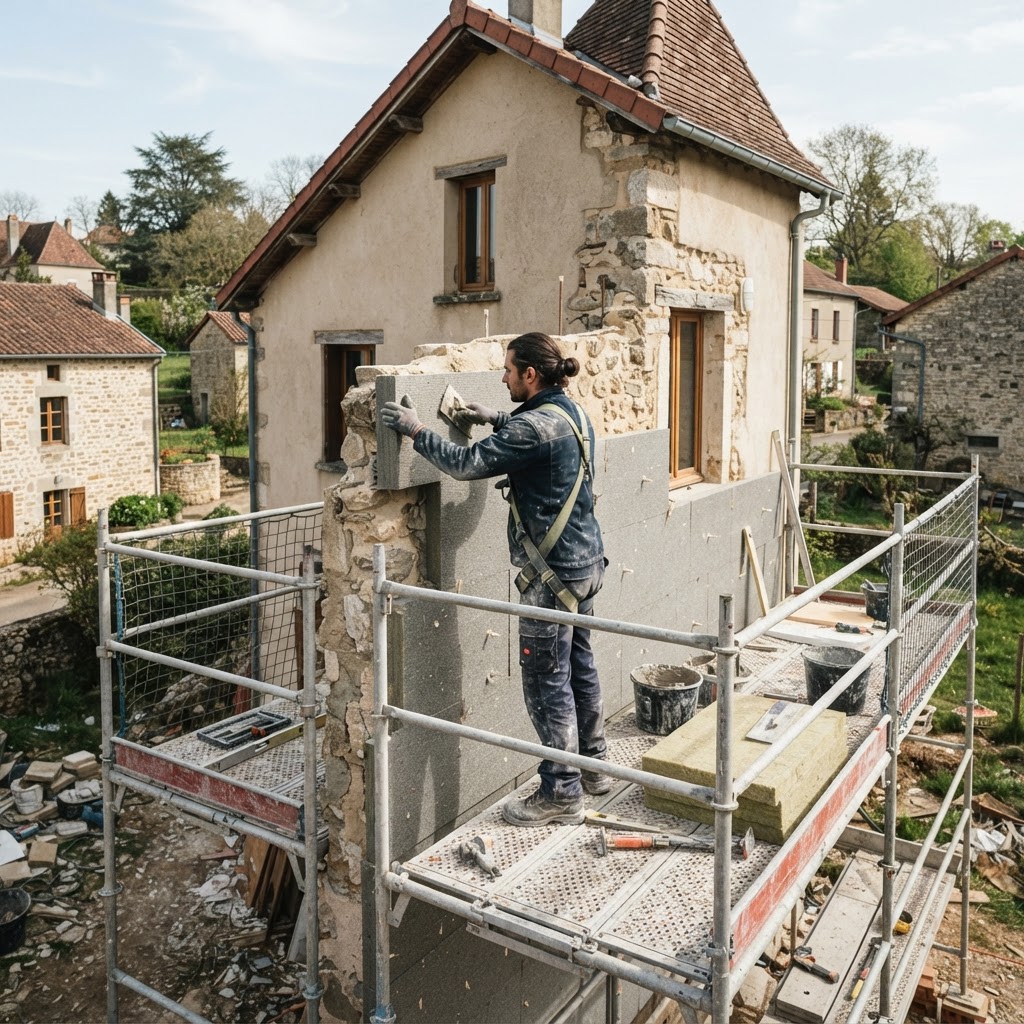 Artisan certifié RGE posant une isolation thermique par l'extérieur sur une maison