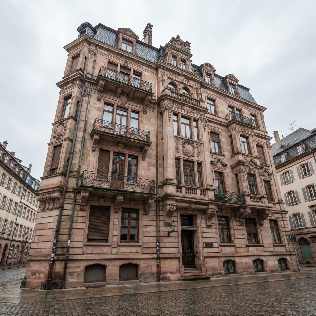 Bâtiment ancien du centre-ville de Strasbourg : architecture et canalisations vieillissantes