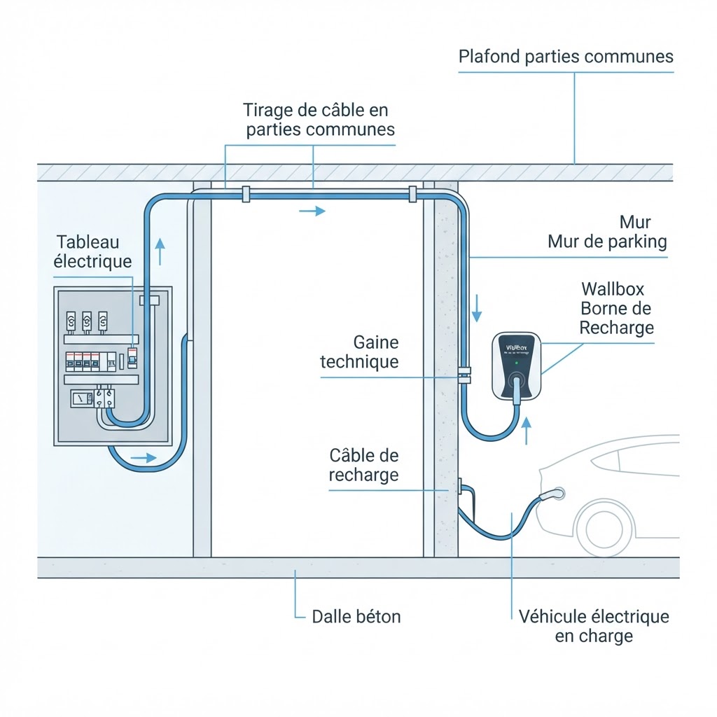 Schéma d'installation d'une wallbox : du tableau électrique à la borne de recharge