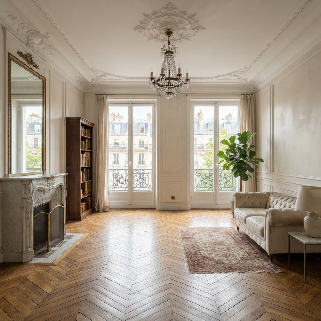 Appartement haussmannien avec moulures et parquet préservés lors d'une rénovation électrique