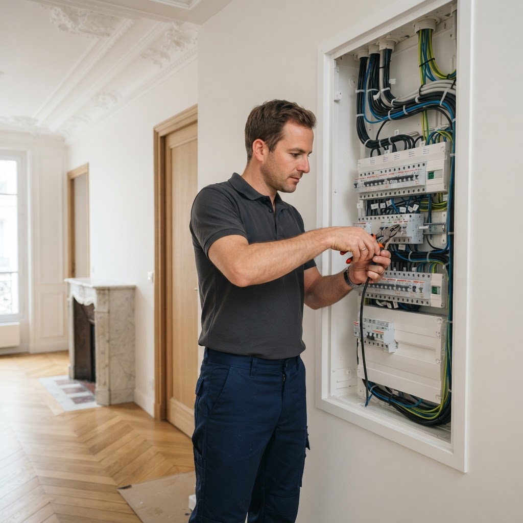 Électricien qualifié installant un tableau électrique moderne aux normes dans un appartement parisien