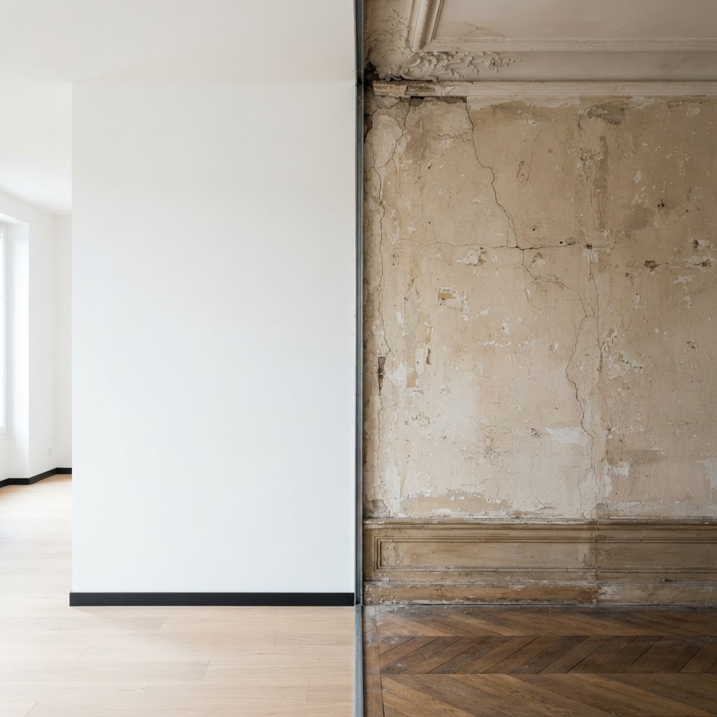 Comparaison entre un mur en bon état et un mur nécessitant des réparations avant peinture