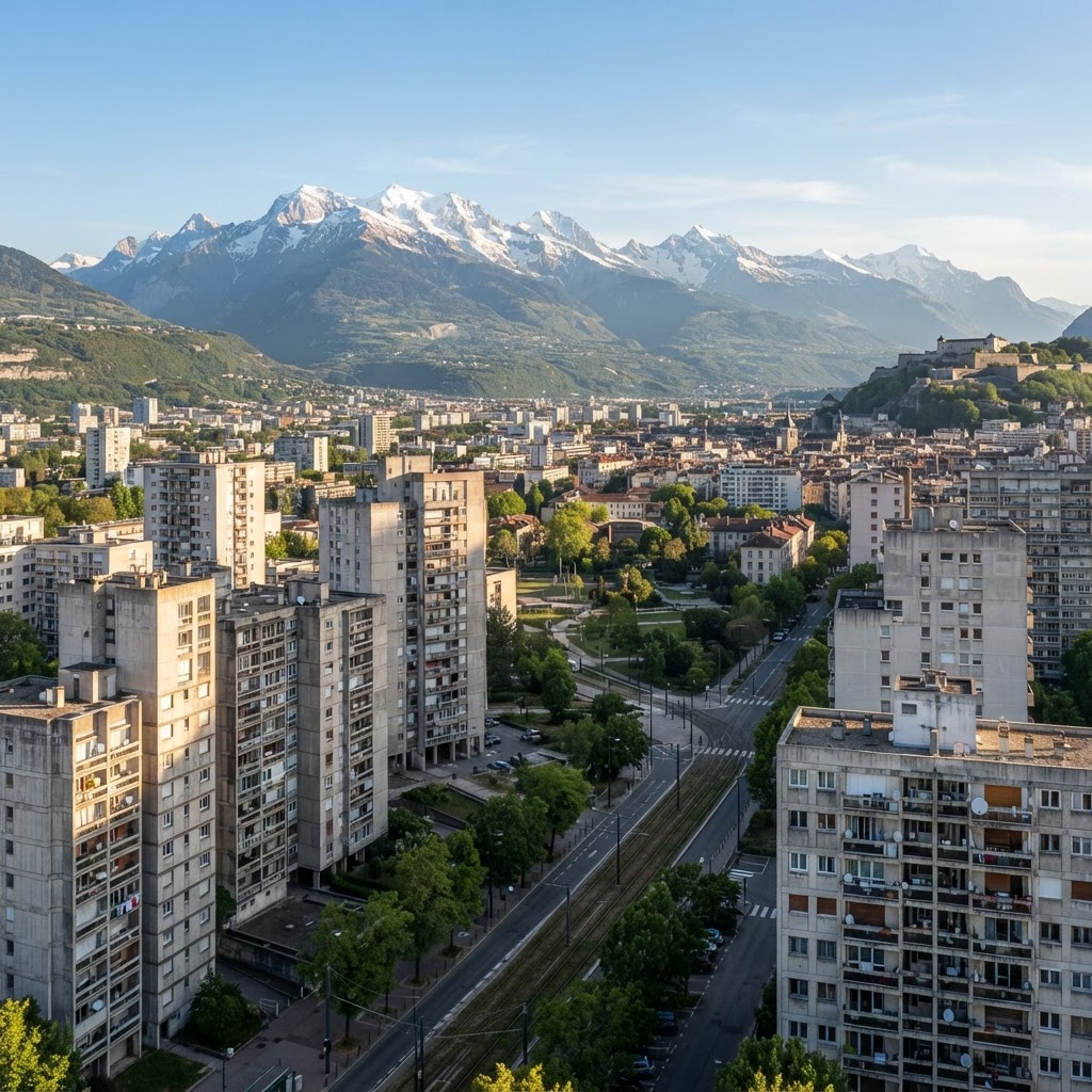 Immeubles résidentiels à Grenoble avec les massifs montagneux en arrière-plan