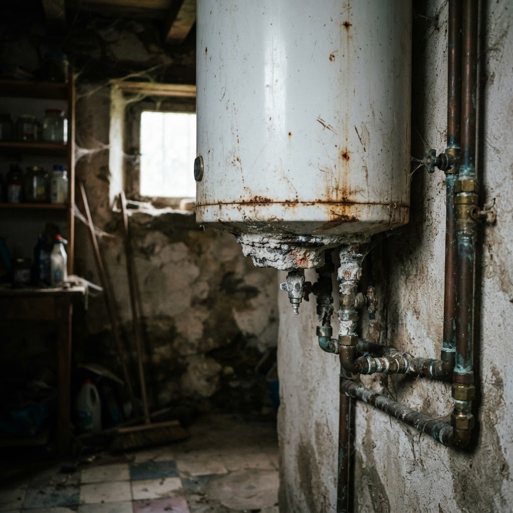 Vieux chauffe-eau électrique entartré présentant des signes d'usure et de corrosion
