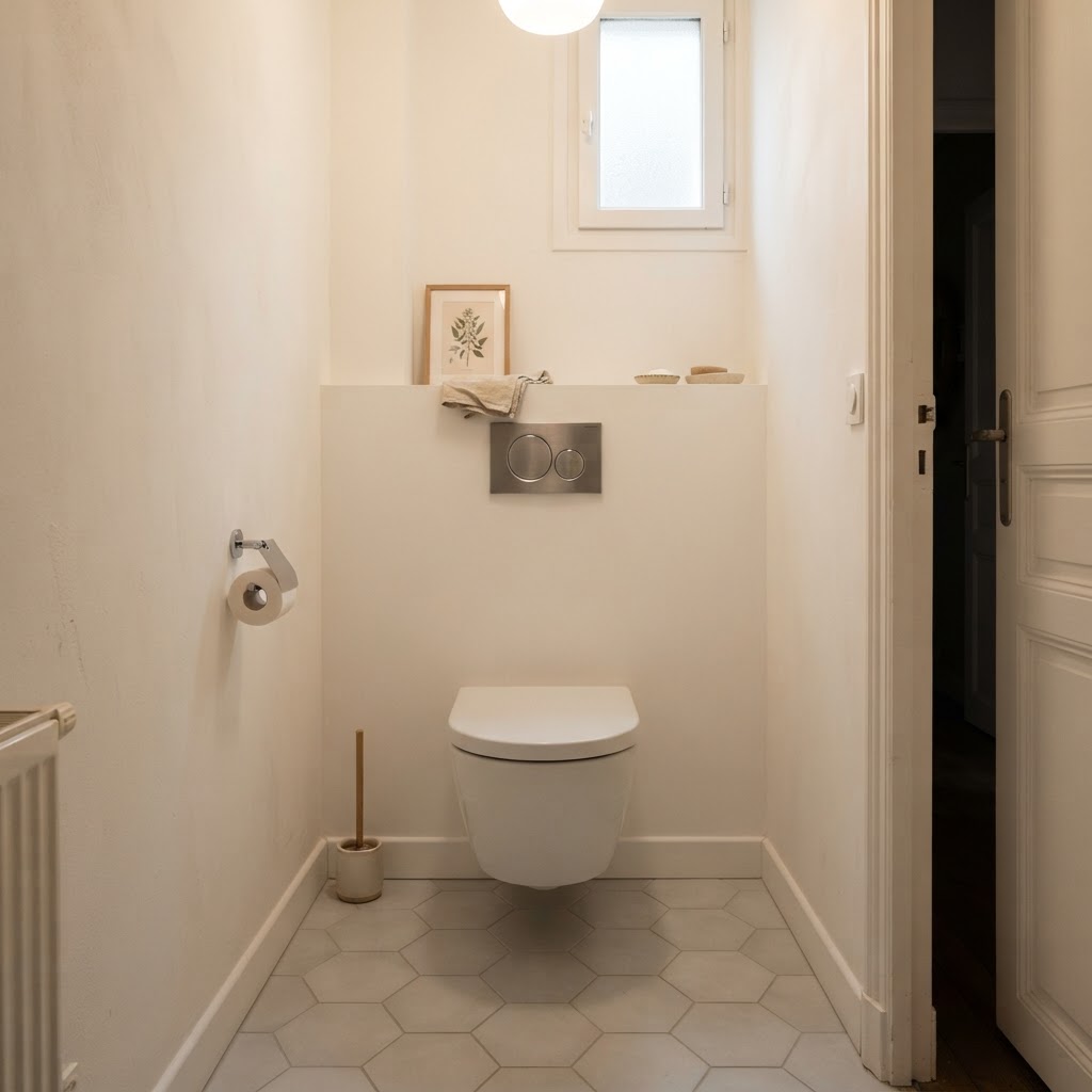 WC suspendu posé dans un petit WC séparé avec coffrage du bâti-support