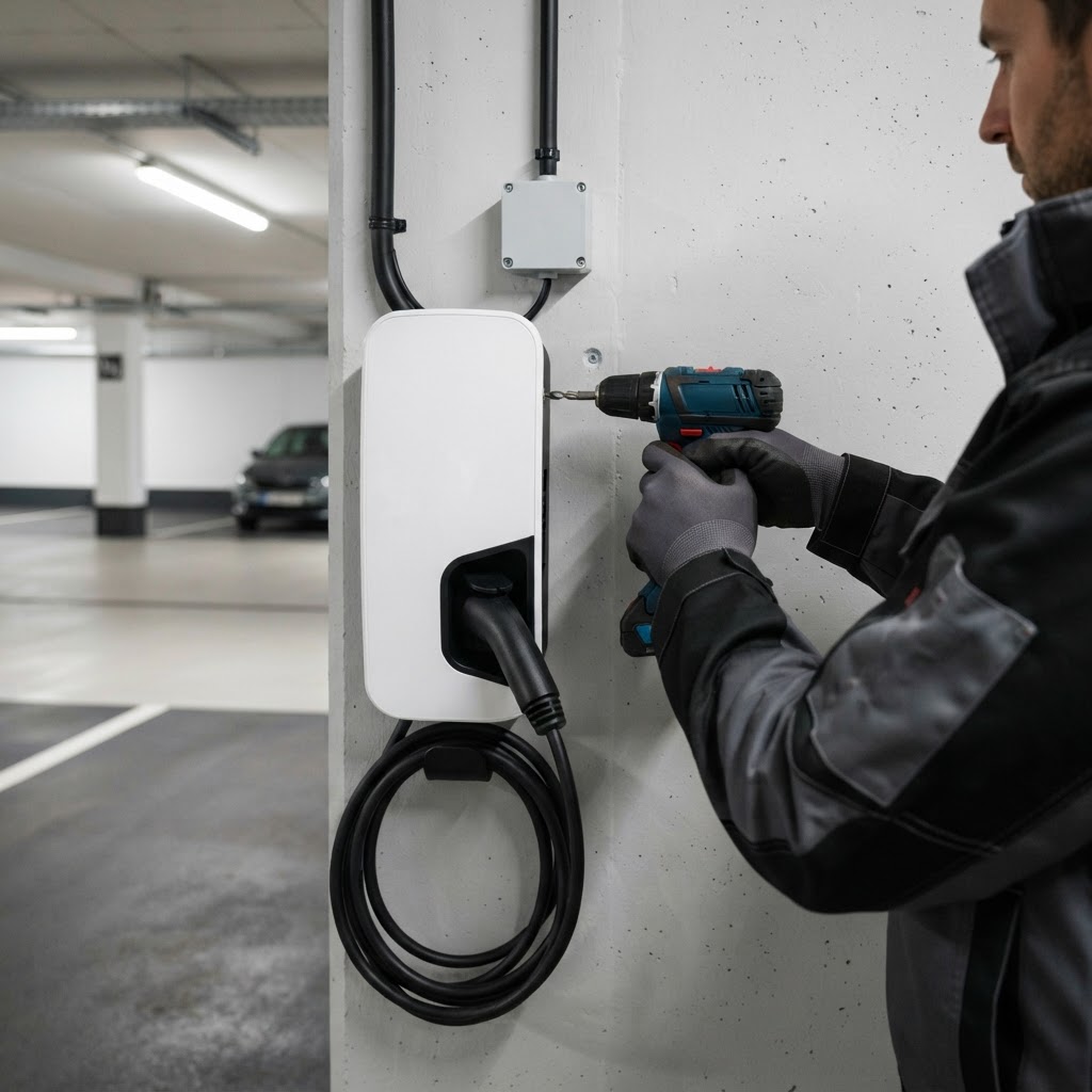 Électricien professionnel certifié IRVE installant une borne de recharge sur un mur