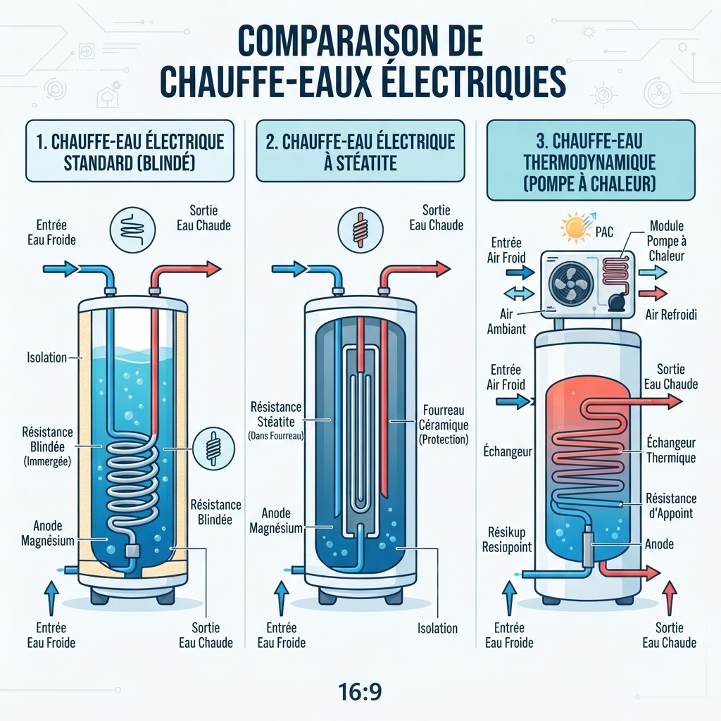 Comparaison des trois types de chauffe-eau électrique : blindé, stéatite et thermodynamique