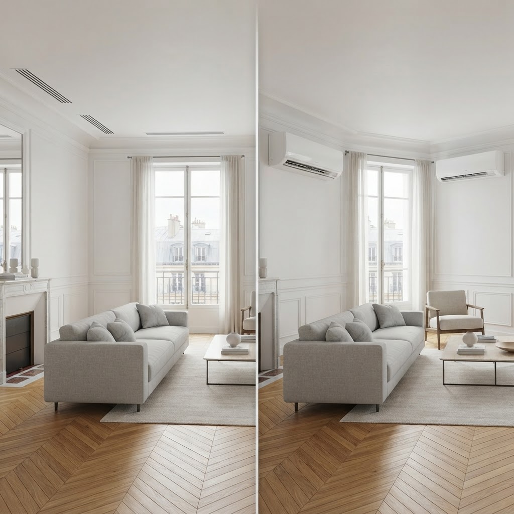 Comparaison visuelle entre climatisation gainable (bouches au plafond) et multisplit (unités murales visibles)