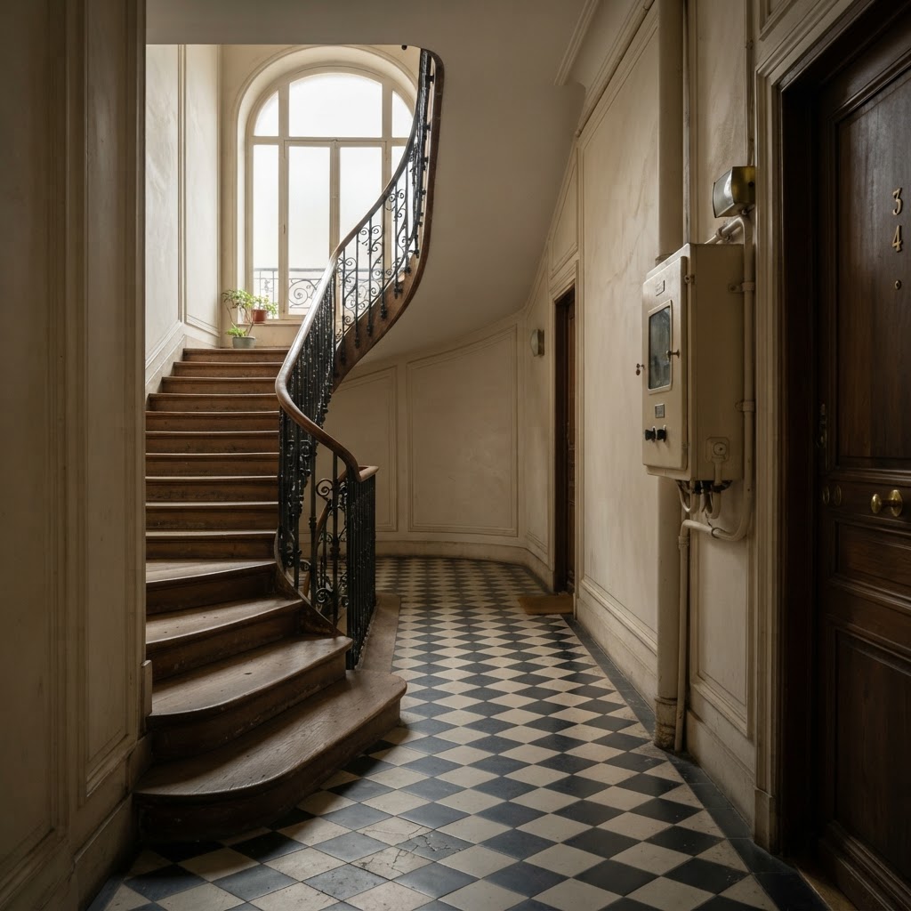 Hall d'entrée d'un immeuble en copropriété à Paris avec tableau électrique dans les parties communes